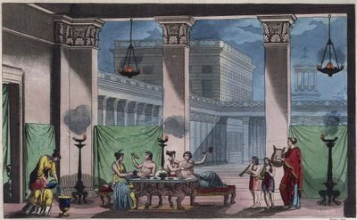 Starożytna Grecja - Triclinium - grawer z „” Zwyczajów i Tradycji Wszystkich Ludów Wszechświata. Czyli Historia rządu, praw, milicji, religii wszystkich narodów od czasów najdalszych do dnia dzisiejszego „1856 autorstwa Unknown artist