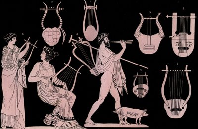 Starożytny grecki instrument muzyczny: Lira i Cithara (cithare) (kithara) - grawerowanie z „” Zwyczajów i tradycji wszystkich narodów wszechświata. To jest historia rządu, praw, milicji, religii wszystkich narodów od najodleglejszych czasów do autorstwa Unknown artist