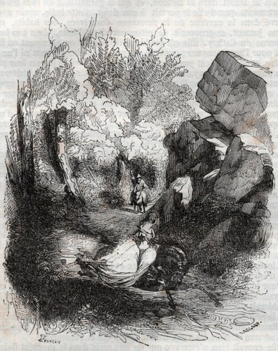 Angelique (Angelica) uciekająca przed starym pustelnikiem - rycina z 1851 r. z „Wściekły Roland” (Orlando furioso) (XVI w.) Ludovico Ariosto, znanego jako Ariosta - Wydanie przetłumaczone z włoskiego przez hrabiego Tressan i wydane przez Gustave