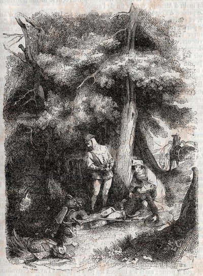 Angelique (Angelica) ratuje Medora (Medoro) wesse - rycina z 1851 roku z „”Furious Roland”” (Orlando furioso) (XVI wiek) autorstwa Ludovico Ariosto, znanego jako Ariosta – wydanie przetłumaczone z języka włoskiego przez hrabiego Tressan i wydane przez Gust autorstwa Unknown artist