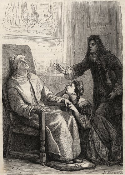Angelique klęka przed ojcem, którego uważa za zmarłego - rycina dla Jean Baptiste Poquelin dit Moliere (1622-1673) (The Imaginary Invalid) autorstwa Unknown artist