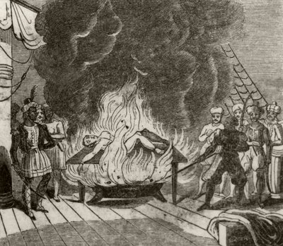„Angora, indyjski pirat, pieczenie angielskiego kapitana żywcem”, ok. 1836 r.” autorstwa Unknown artist
