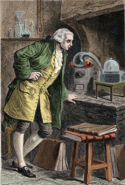 Antoine Laurent Lavoisier (1743-1894) Francuski chemik badający istnienie tlenu w powietrzu: eksperyment, w którym uzyskał tlenek rtęci - Lavoisier dans son laboratoire. Rycina XIX wieku. autorstwa Unknown artist