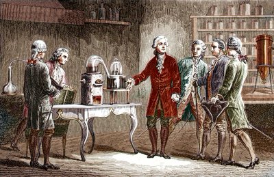 Antoine Laurent Lavoisier (1743-1894) wykonuje rozkład powietrza w 1776 r. - Antoine Laurent Lavoisier Angielski chemik, pokazując kolegom naukowcom swój eksperyment, który ujawnił skład powietrza w 1776 r. - Grawerowanie od Louisa Figuiera autorstwa Unknown artist