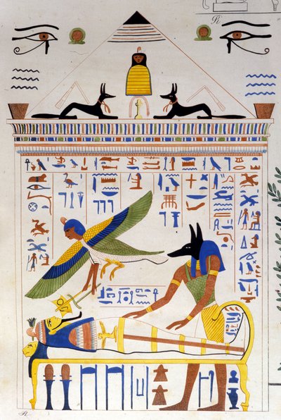 Anubis opiekuje się mumią, a dusza zmarłego leci na transmigrację – w „Zabytkach Egiptu i Górnej Nubii” Ippolito Roselliniego (Rossellini). autorstwa Unknown artist