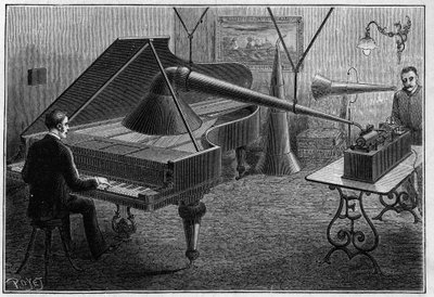 Aparat do nagrywania utworu fortepianowego przez fonograf, wynalazek Thomasa Alvy Edisona (1847-1931). Grawerowanie w „” Naturze. Czasopismo nauki i jego zastosowania w sztuce i przemyśle. autorstwa Unknown artist