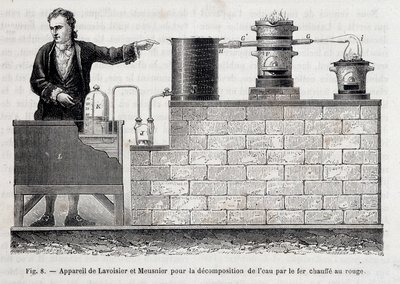 Aparat Antoine Laurent de Lavoisier i Meusnier do rozkładu wody przez żelazo rozgrzane do czerwieni - w „Les wonders de l