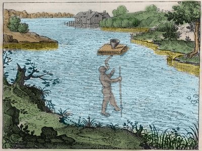 Aparatura umożliwiająca nurkowi oddychanie pod wodą - Metoda używana przez starszych do przekraczania rzek, grawerowana w "Większa i mniejsza metafizyka kosmosu" (Historia metafizyczna, fizyczna i techniczna bota). autorstwa Unknown artist