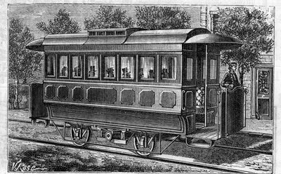 Zastosowanie baterii Faure: Tramwaj elektryczny, model firmy Omnibus, zasilany bateriami. Grawerowanie w „”Le Monde Illustré”” autorstwa Unknown artist