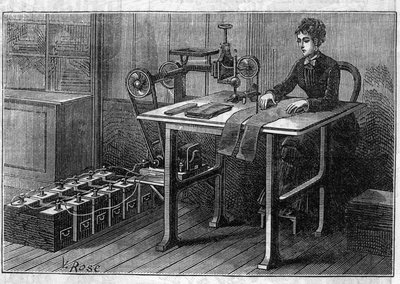 Zastosowanie baterii Faure: maszyna do cięcia tkanin zasilana akumulatorem. Grawerowanie w „”Le Monde Illustré”” autorstwa Unknown artist
