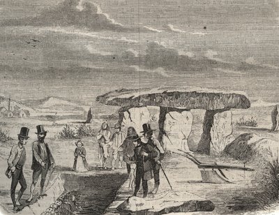 Wykopaliska archeologiczne: odkrycie grobowców Galii w pobliżu Dolmen de la Pierre aux Fees (Pierre-aux-Fees) w Oise (60). Grawer z 1856 r. w „Le Musee Des Sciences”” autorstwa Unknown artist