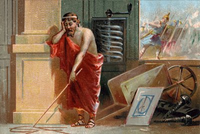 Archimede z Syrakuz (287-212 pne) kreślący geometryczne kształty na ziemi, wkrótce zatrzymany przez rzymskich żołnierzy na dole sceny. W jego warsztacie można rozpoznać jego różne wynalazki: śrubę i taczkę. Chromolitografia XIX w autorstwa Unknown artist