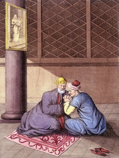 Biskup ormiański słuchający spowiedzi mężczyzny. autorstwa Unknown artist