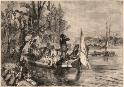 Dookoła Paryża w 1857 r. Kajakarze w Asnieres. Grawer w „Le Monde illustrious” z 1857 r. Ze zbiorów prywatnych. autorstwa Unknown artist