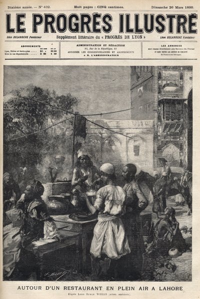 Wokół restauracji na świeżym powietrzu w Lahore w Pakistanie - okładka „Wspaniałego postępu” z marca 1899 r. - autorstwa Unknown artist