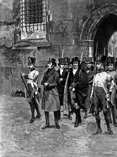 Aresztowanie carbonari (członków Charbonnerie lub Carboneria) z Veneto Lombardia. Ilustracja Matanii. Rycina XIX wieku. autorstwa Unknown artist
