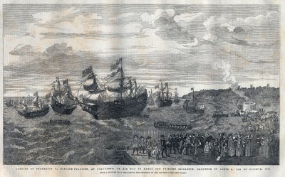 Przybycie Fryderyka V z Palatynatu (1596-1632) do portu Gravesend, aby poślubić angielską Elżbietę (1596-1662), córkę króla Jakuba I (1566-1625) w dniu 16 października 1612 r. Przywitał go James Hay (1. hrabia Carlisle) (około 1580-16 .) autorstwa Unknown artist