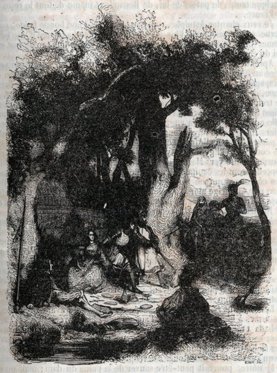 Przybycie Rodomonta i Mandricarda do fontanny Merlin - rycina z 1851 roku z „Roland furieux” (Orlando furioso) (XVI w.) Ludovico Ariosto, znanego jako Ariosta – wydanie przetłumaczone z języka włoskiego przez hrabiego Tressan i wydane przez autorstwa Unknown artist