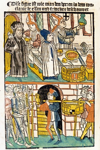 Przyjazd żywności, aby mogli jeść członkowie Soboru w Konstancji (1417), podczas którego wybrano papieża Marcina V. „Das Concilium” autorstwa Unknown artist