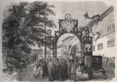 Przybycie Impress Elisabeth Austria (Sissi) (Elisabeth Austria) w Bad Kissingen (Spa) w 1865 - grawerowanie w „The Illustrous World” z 1865 autorstwa Unknown artist