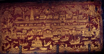 Przybycie Portugalczyków do Nanjing (Nanjing lub Namquin), Chiny. Pokrywa pudełka pokryta czerwono-złotą farbą. XVII wiek. Porto, Muzeum Narodowe autorstwa Unknown artist