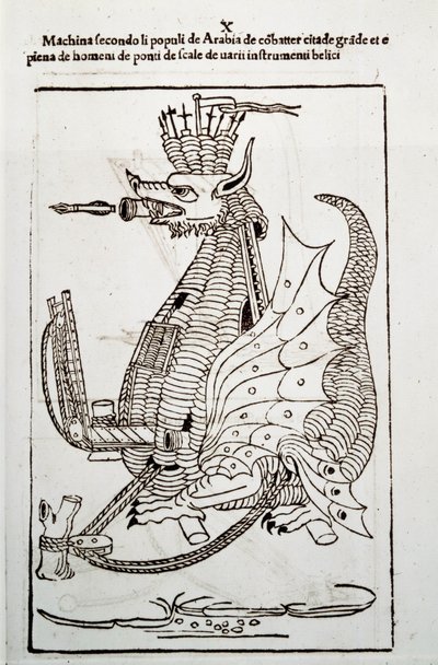 Sztuka wojny: nauka o maszynach wojskowych. „Arabica machina”, arabska maszyna do oblężenia miasta, ilustracja z „De re Militari” inżyniera Roberto Valturio (1413-1483?) autorstwa Unknown artist