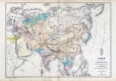 Azja w czasach największej dominacji mongolskiej pod rządami Qubilai (Kubilai Khan) (1260-1294) - Mapa przygotowana przez M J-H Schnitzlera, Atlas historyczno-malowniczy 1857 autorstwa Unknown artist
