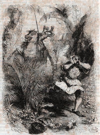 Astolphe zmusza Caligorant do ucieczki - 1851 grawerowanie z „” Furious Roland”” (Orlando furioso) (XVI wiek) przez Ludovico Ariosto, znanego jako Ariosto – wydanie przetłumaczone z włoskiego przez hrabiego Tressan i opublikowane przez Gustave