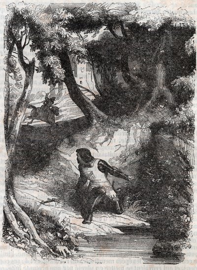 Astolphe na skraju fontanny - rycina z 1851 r. z „”Wściekły Roland”” (Orlando furioso) (XVI w.) Ludovico Ariosto, zwanego Ariosta - Wydanie przetłumaczone z języka włoskiego przez hrabiego Tressan i wydane przez Gustave