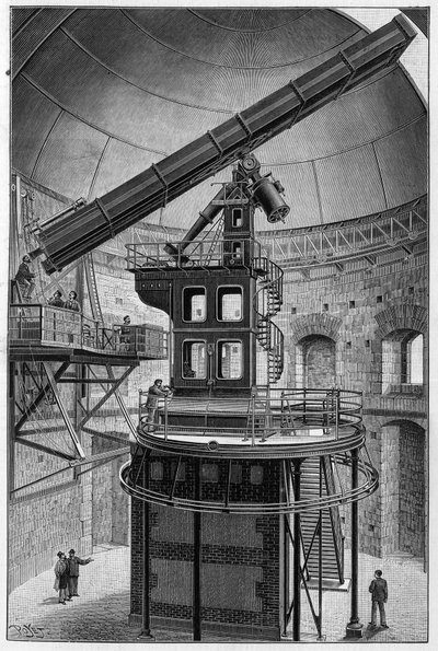 Okulary astronomiczne Pana Janssena, Członka Instytutu, Dyrektora Obserwatorium Astronomii Fizycznej w Meudon. Grawerowanie w „”La Nature: revue des sciences et de leurs applications aux arts et a l