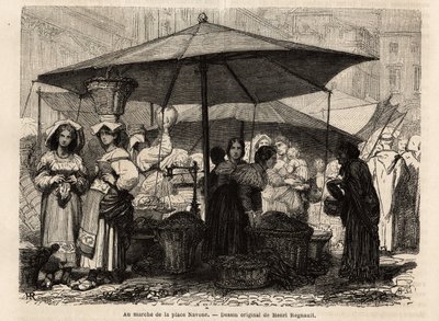 U stóp Piazza Navona w Rzymie (Włochy). Rycina ilustrująca podróż do Rzymu, autorstwa Francisa Weya, w latach 1864-1868, opublikowana w „Le tour du monde, nouveau journal des voyages”, pod kierunkiem Edouarda Chartona autorstwa Unknown artist