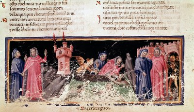 Po lewej Dante i Wergiliusz stoją na brzegu rzeki Styks, ponurego brzegu Acheron. W centrum Charon płynie promem Dante i Virgil, którzy wyglądają na bardzo zaniepokojonych (piosenka 3 z piekła, w Boskiej Komedii) - miniatura autorstwa Unknown artist