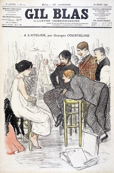 Na warsztatach Georges Courteline. Mężczyzna ogląda kobietę pozującą w warsztacie. W „”Gil Blas””, 18.03.1898. autorstwa Unknown artist