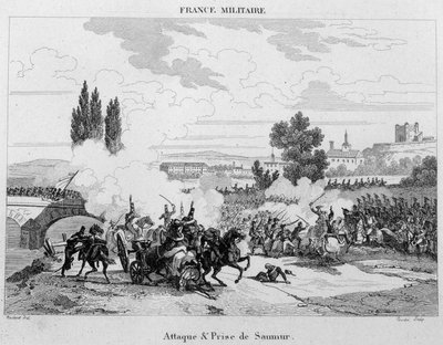 Atak i zdobycie Saumur. Grawerowanie z XIX wieku. autorstwa Unknown artist