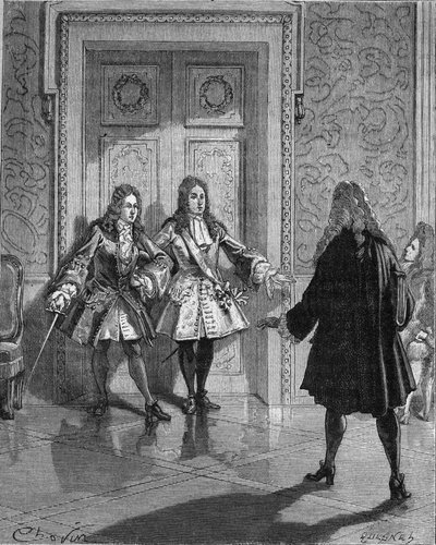 Sierpień 1718: Święty Szymon (Saint-Simon) (Louis de Rouvroy, książę) (1675-1755) blokujący przejście do księcia Maine (Louis Auguste (Louis-Auguste) Bourbon) (1670-1736). Rycina XIX wieku. W „Historii Francji” Julesa Micheleta autorstwa Unknown artist