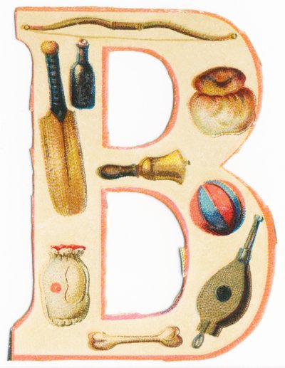 B: łuk, kij baseballowy, butelka, brioche, dzwonek, balon, kość, torba, miech (kolor lito) autorstwa Unknown artist