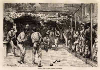 Piłkarze w Rzymie (Włochy). Rycina ilustrująca podróż do Rzymu autorstwa Francisa Weya w latach 1864-1868, opublikowana w „Le tour du monde, nouveau journal des voyages”, pod kierunkiem Edouarda Chartona autorstwa Unknown artist