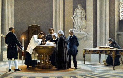 Chrzest dziecka w kościele. XIX-wieczna chromolitografia. autorstwa Unknown artist