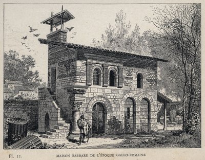 Dom Barbarzyńców okresu Gallo-Roman (Gallo-Roman) - (Dom Barbarzyńców z epoki Gallo-Roman) grawer z 1889 r. w „Historia zamieszkiwania ludzi na Wystawie Powszechnej z 1889 r., autorstwa Charlesa GARNIERA - Librairie centrale des beaux-arts Paris 1889 autorstwa Unknown artist