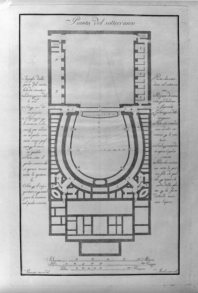 Plan piwnic teatru de la Scala w Mediolanie ca. 1776-1778 Włochy (Teatro alla scala) (Mapa architektoniczna podziemia teatru Scala, Mediolan) Grawerowanie autorstwa Unknown artist