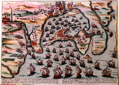 Plan bitwy pod Cales Males (Hiszpania) 30 czerwca 1596. Flota armii holenderskiej i angielskiej wkracza jako przyjaciele do Cales Males ze 180 statkami. Następnego dnia 1 lipca, zaskoczeni zdradą, musieli ze wstydem opuścić miasto. Rytownictwo autorstwa Unknown artist