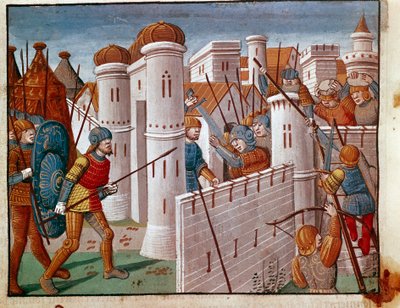 Bitwa u podnóża murów obronnych Miniaturowego miasta zaczerpniętego z „Faktów Rzymian”” opowiadającego o życiu dwunastu Cezarów. Wenecja z XIII wieku, biblioteca Marciana autorstwa Unknown artist