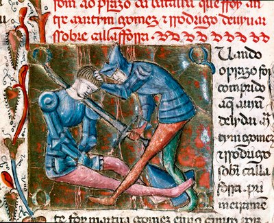 Bitwa pomiędzy Rodrigo Diaz de Vivar dit Le Cid (1043-1099) a Martinem Gomezem. Miniaturowe ujęcie „Kroniki Hiszpanii”” autorstwa Unknown artist