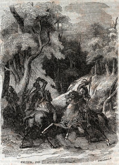 Bitwa między Rolandem a Ferragusem - rycina z 1851 r. z „Wściekły Roland” (Orlando furioso) (XVI w.) Ludovico Ariosto, zwanego Ariosta - Wydanie przetłumaczone z języka włoskiego przez hrabiego Tressan i wydane przez Gustave
