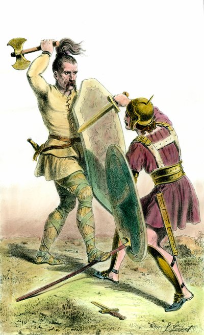 Bitwa między żołnierzem frankowym a żołnierzem rzymskim. XIX-wieczna kolekcja prywatna grawerowania autorstwa Unknown artist
