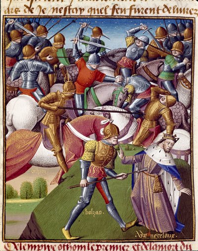 Bitwa żołnierzy cesarza Othona I (Otton lub Othon I, 912-973). Miniatura w „”Zwierciadle historycznym”” (Wziernik historyczny) Vincenta de Beauvais (1190-1264) w tłumaczeniu na francuski Jean de Vignay autorstwa Unknown artist