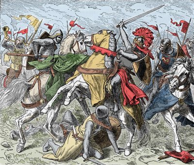 Bitwa nad Elster: Rudolf Szwabski śmiertelnie ranny - Bunt Sasów (1073-1075): Rodolf z Rheinfelden (ok. 1025-1080), książę Szwabii i antyking Rzymian zostaje śmiertelnie ranny w bitwie pod Elster, przeciwko wojskom Henryka IV z autorstwa Unknown artist