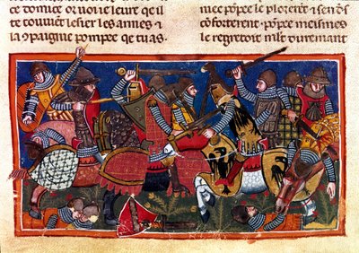 Scena bitewna Miniatura z francuskiego kodeksu na pergaminie „Fakty Rzymian”” opowiadająca historię starożytną aż do Julesa Cesara (101 pne-44 pne). Wenecja z XIII wieku, biblioteca Marciana autorstwa Unknown artist