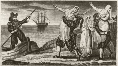„Dziób holenderskiego pirata i jego załogę przymusowo wyprowadzających zakonnice z hiszpańskiego klasztoru” autorstwa Unknown artist