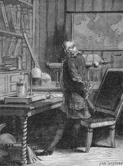 Benjamin Franklin w swoim laboratorium fizycznym w Filadelfii. W „Albumie nauki””, Editions Jouvet autorstwa Unknown artist